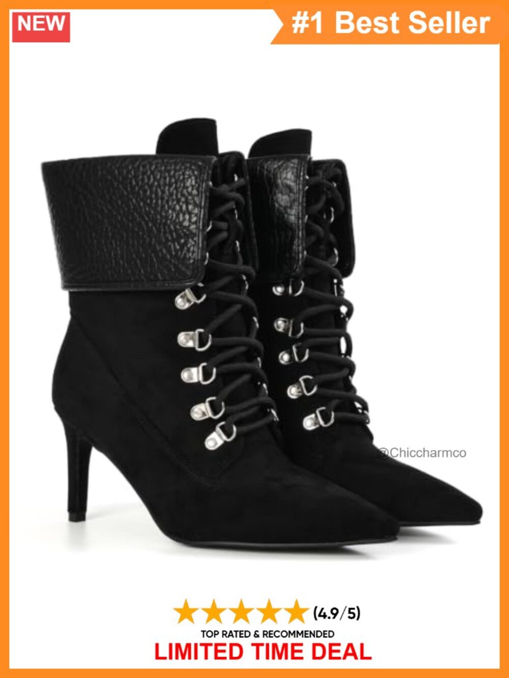 Faux Leather Fold Over Lace Up Stiletto Heel Ankle Boots Pointed Toe